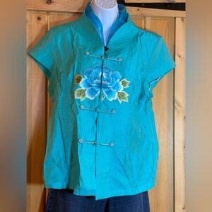 NWT Traditional Aqua Asian top embroidered  large white blue flower 2 for $30